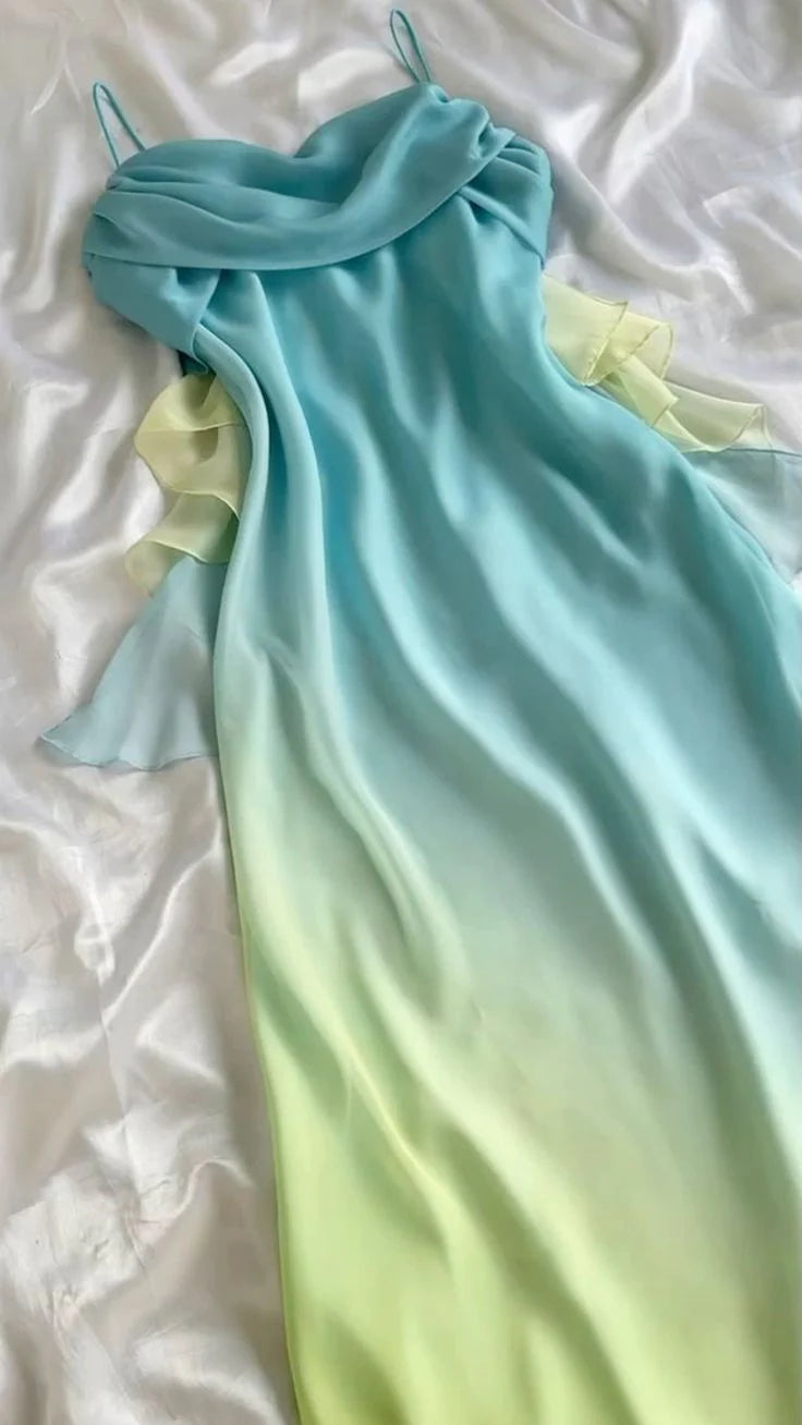 TingPo Wholesale Elegant Vintage A Line Spaghetti Straps Long Prom Dresses Evening Dress With Ruffles
